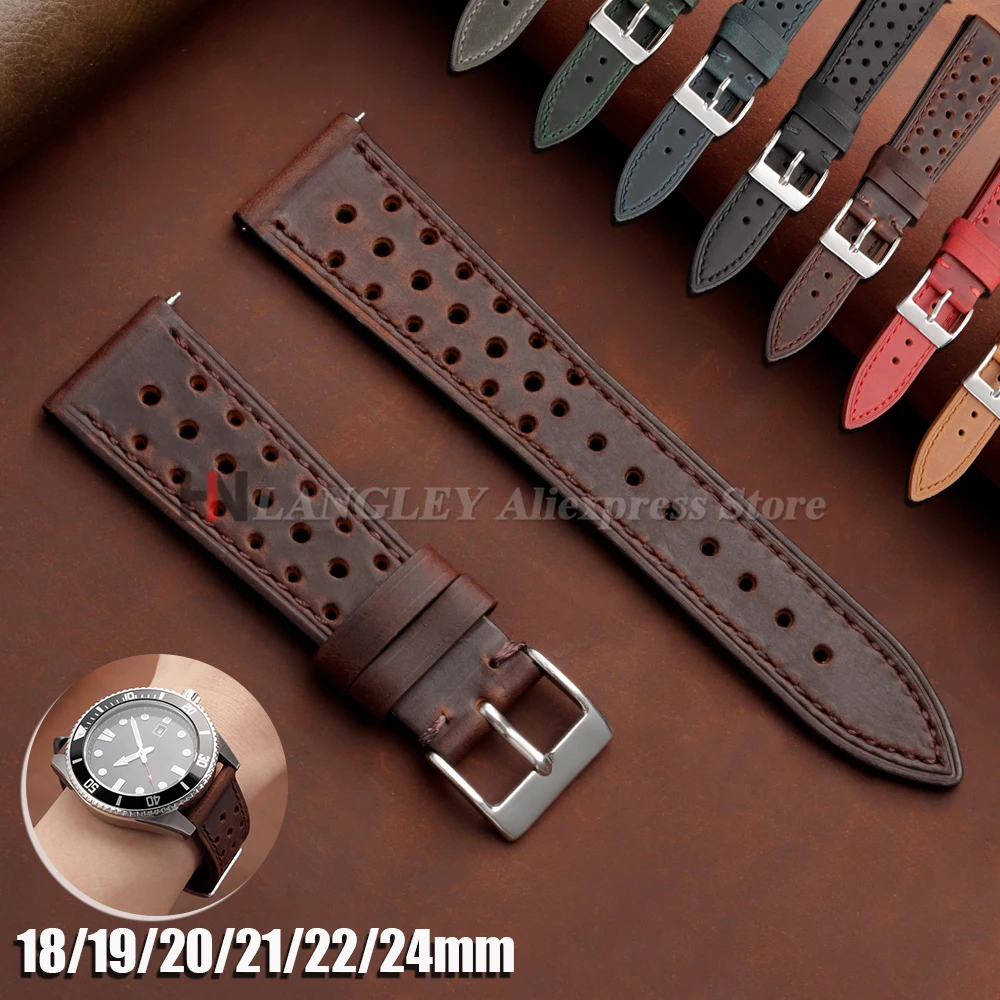 Vintage Racing Leather Watch Strap 18mm 19mm 20mm 21mm 22mm 24mm Handmade Quick Release Strap Brown Breathable Porous Watchbands