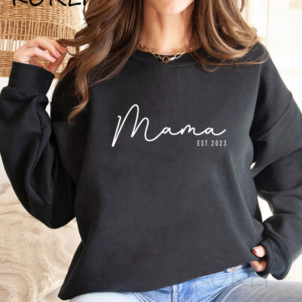 Mama Est 2023 Sweatshirt Mothers Day Gift Women Long Sleeve Crewneck Sweatshirts Personalized Hoodie New Mom Gift Casual Tops