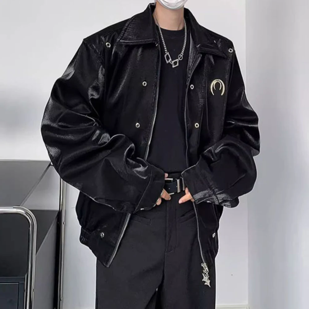 Metal High-End Design Niche Pad Shoulder Lapel Jacket Mens Autumn Winter New Fashion Trend Loose High Street Short Jacket Men