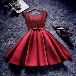 Lace Prom Evening Dresses A-Line Short Stain Sleeveless Burgundy Vestidos Simple Party Gown