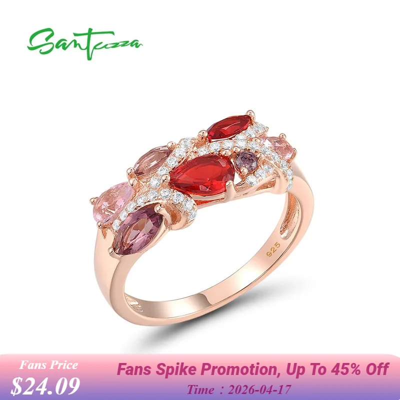 

SANTUZZA Silver Rings For Women Genuine 925 Sterling Silver Sparkling Red Pink Stones White CZ Elegant Wedding Fine Jewelry