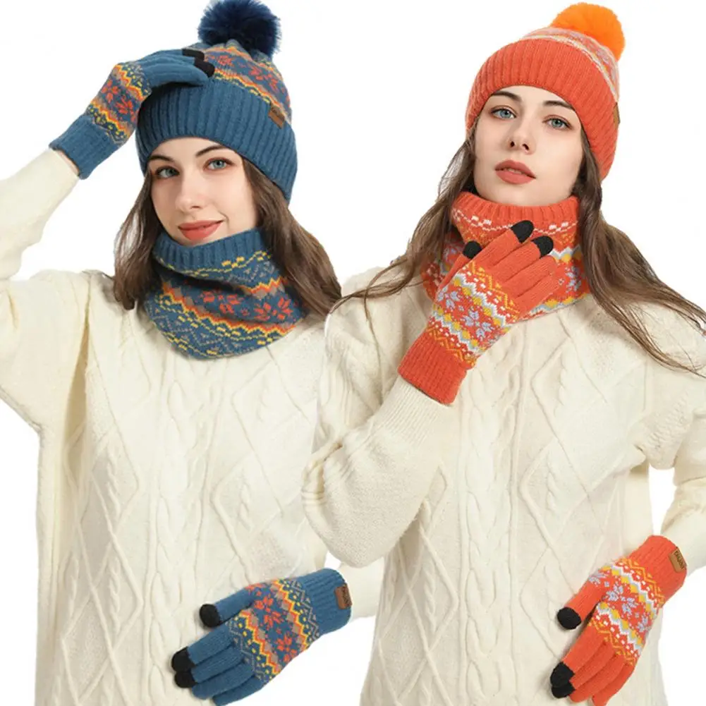 3 Pcs Unisex Winter Beanie Scarf Gloves Set Thick Plush Knitted Warm Cap Gloves Elastic Windproof Outdoor Dome Neck Wrap Set ﻿