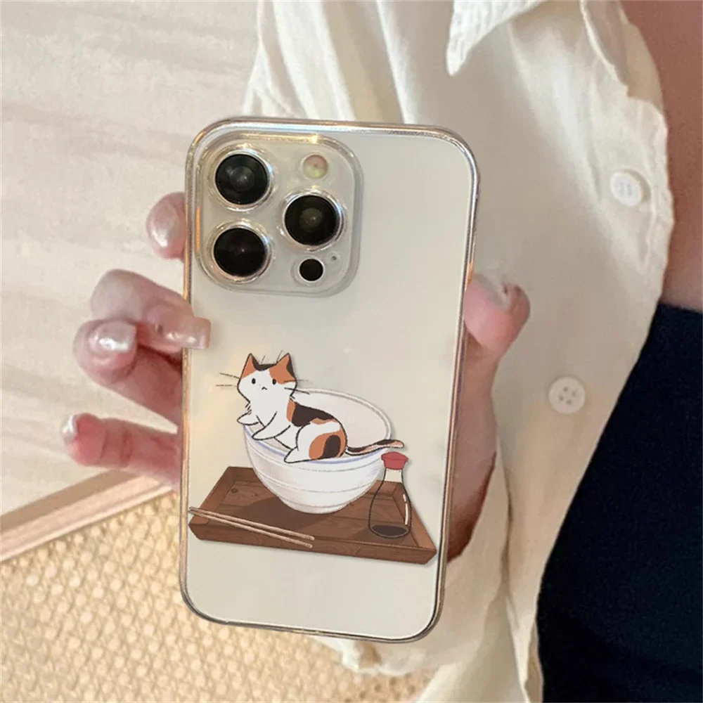 Cute Cat in Bowl Clear Case for iPhone 16 15 Plus 12 13 mini 11 14 Pro Max XR Ultra Thin Soft Silicone Camera Protection Cover