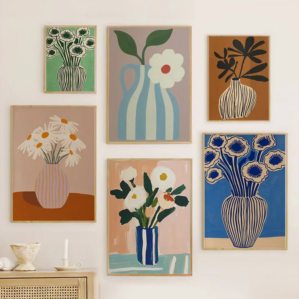 

Ботанический синий цветочный принт, абстрактный узор с ромашками и маками, полосатая ваза для цветов, настенный декор, минималистичный современный декор для дома и гостиной