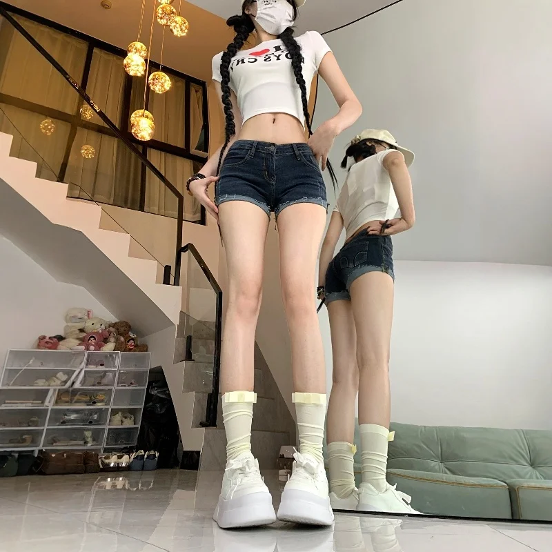 

Low Waist Denim Super Short Shorts Women's Summer Slim Fit Elastic Cuffed Bodycon Hot Pants American Style Spicy Girl Wind