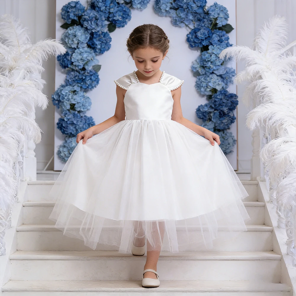 Weißes Kostüm für Mädchen, Hochzeitskleid, Schleife, Prinzessinnenkleid, Kinderkleid für die Erstkommunion, Taufoutfit, Mädchen-Geburtstagskleid