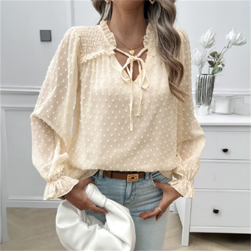 

V-neck Jacquard Shirt For Women Blouse Elegant Ladies Shirt Solid Color Petal sleeve Pullover Spring Autumn Woman Blou Shirt Top