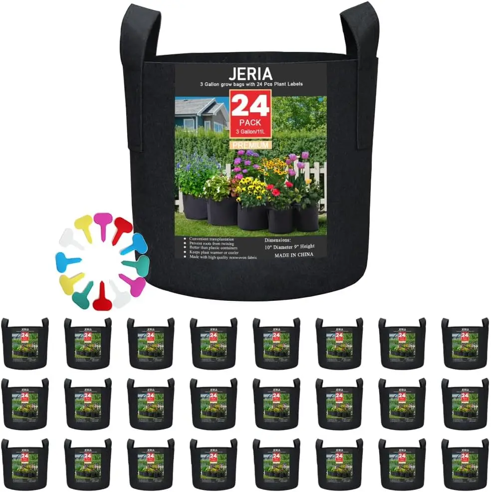 

24-Pack 3 Gallon Nonwoven Grow Bags with Handles and Plant Labels for Optimal Plant Growth