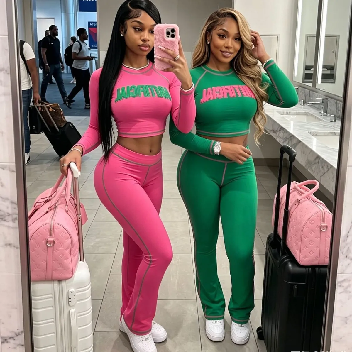 STYLISH LADY Letter Print Long Sleeve Crop Top Flared Pants Two Piece Set Women Contrast Stitch Streetwear Matching Tracksuits