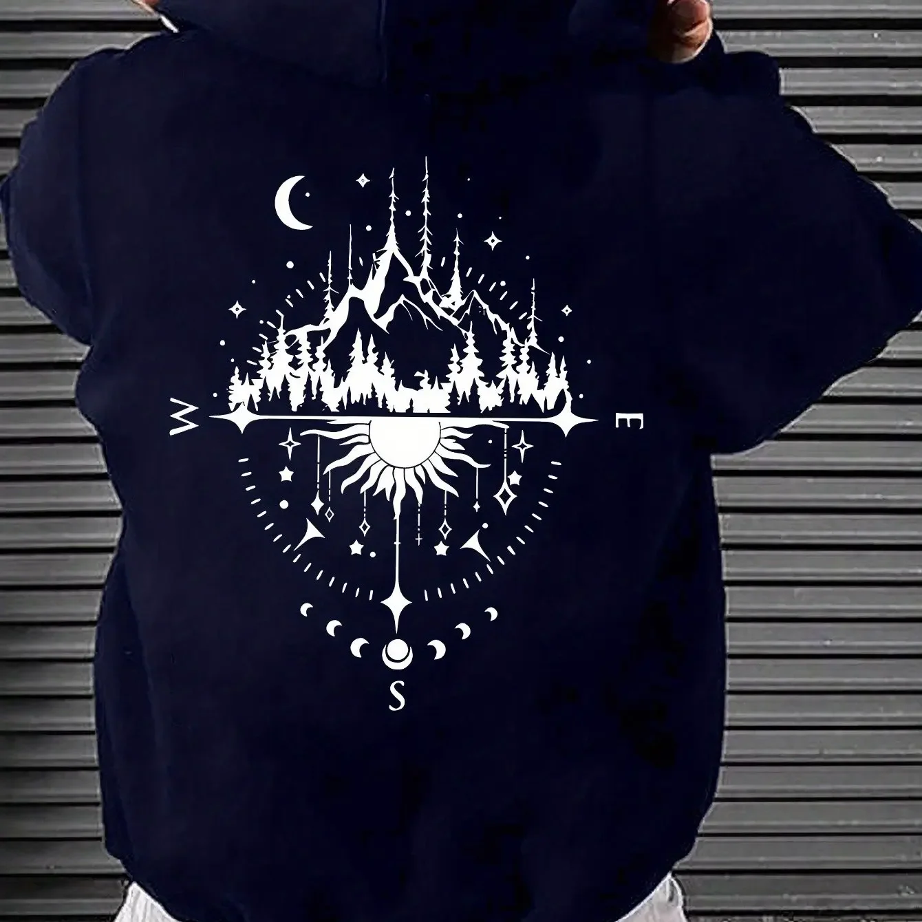 Men's Fall-winter Hooded Sweatshirt Featuring Compass Mountain Peak, Sun and Star Patterns, A Loose Casual Style of Sports Shirt