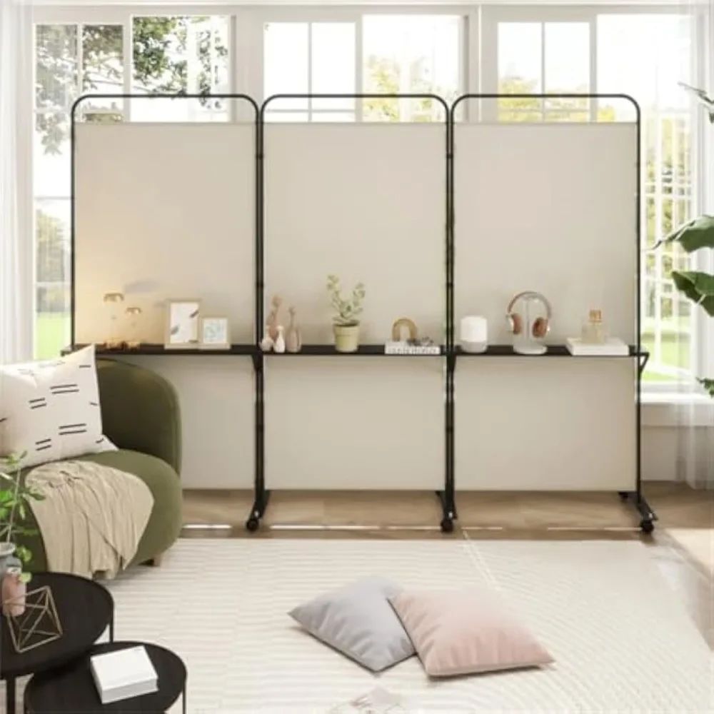 

White 3-Panel Room Divider w/ Wheels - 103"x18"x74" Folding Privacy Screen w/ 3 Metal Shelves, Rolling Partition"​