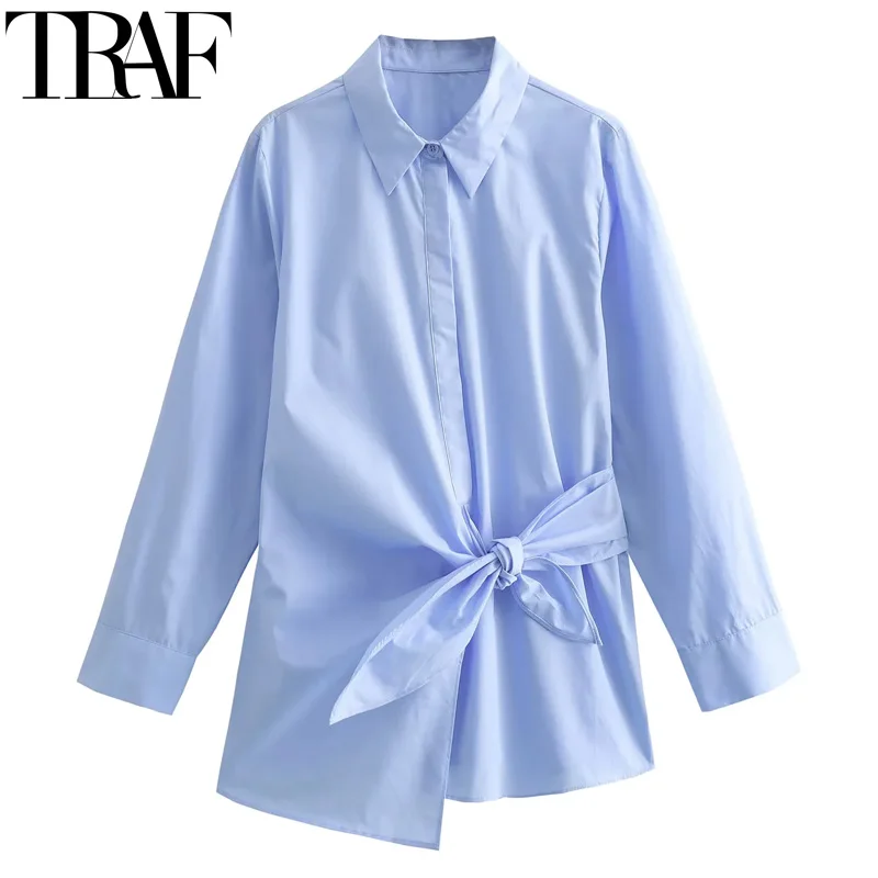 

TRAF Woman 2025 Shirts And Blouses New Bluey Stylish Women Blouse Knotted Casual Long Sleeve Shirts Elegant Button Up Shirts