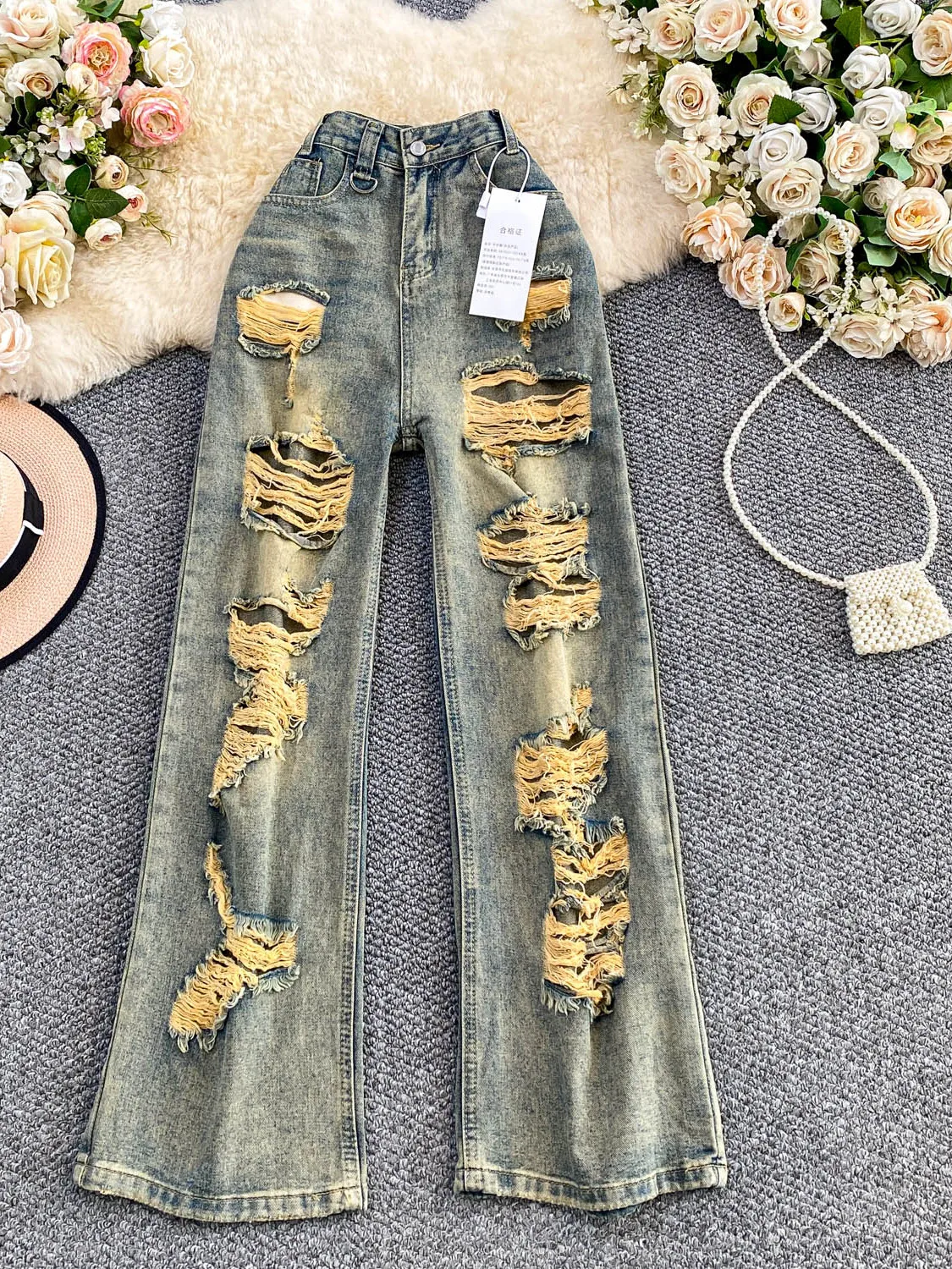 

Retro American Heavy Du Distred Denim High Waist Slimming Long Pants for Women Autumn New Sle Hot Girl Wide Leg Jeans
