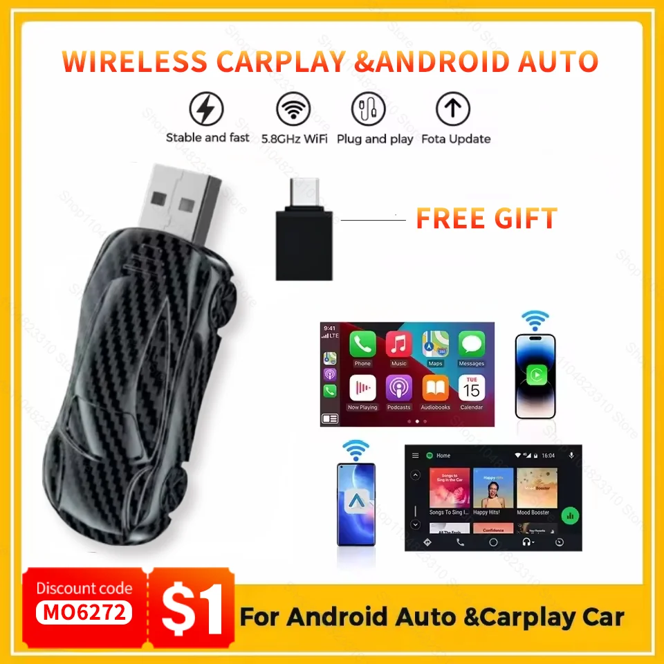 

2 in 1 Mini Wireless CarPlay Dongle for OEM Car Radio Adapter Wired to Wireless CarPlay Android Auto Type-C USB Plug and Play