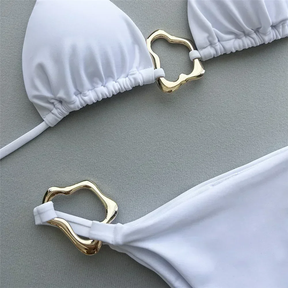 Costume da bagno sexy da donna con coulisse nera, triangolo, micro bikini, perizoma, anello in metallo, mini costume da bagno con lacci