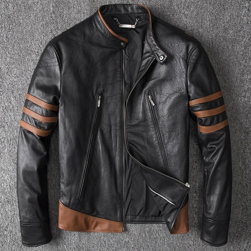 Mens biker Streetwear Sheepskin Real Leather Jacket and Coats Motorcycle Genuine Leather Jackets Male Clothing coat