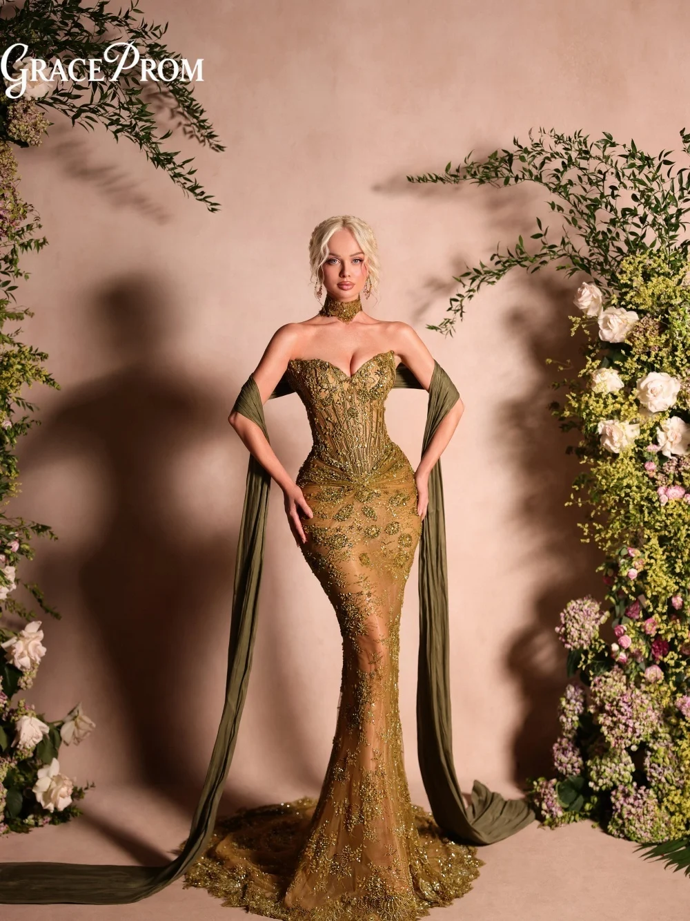 Regal Olive Gold Floral Beads Evening Gown 2026 Sweetheart Matching Choker Long Scarf Party Dress For Wedding Guests فساتين سهرة