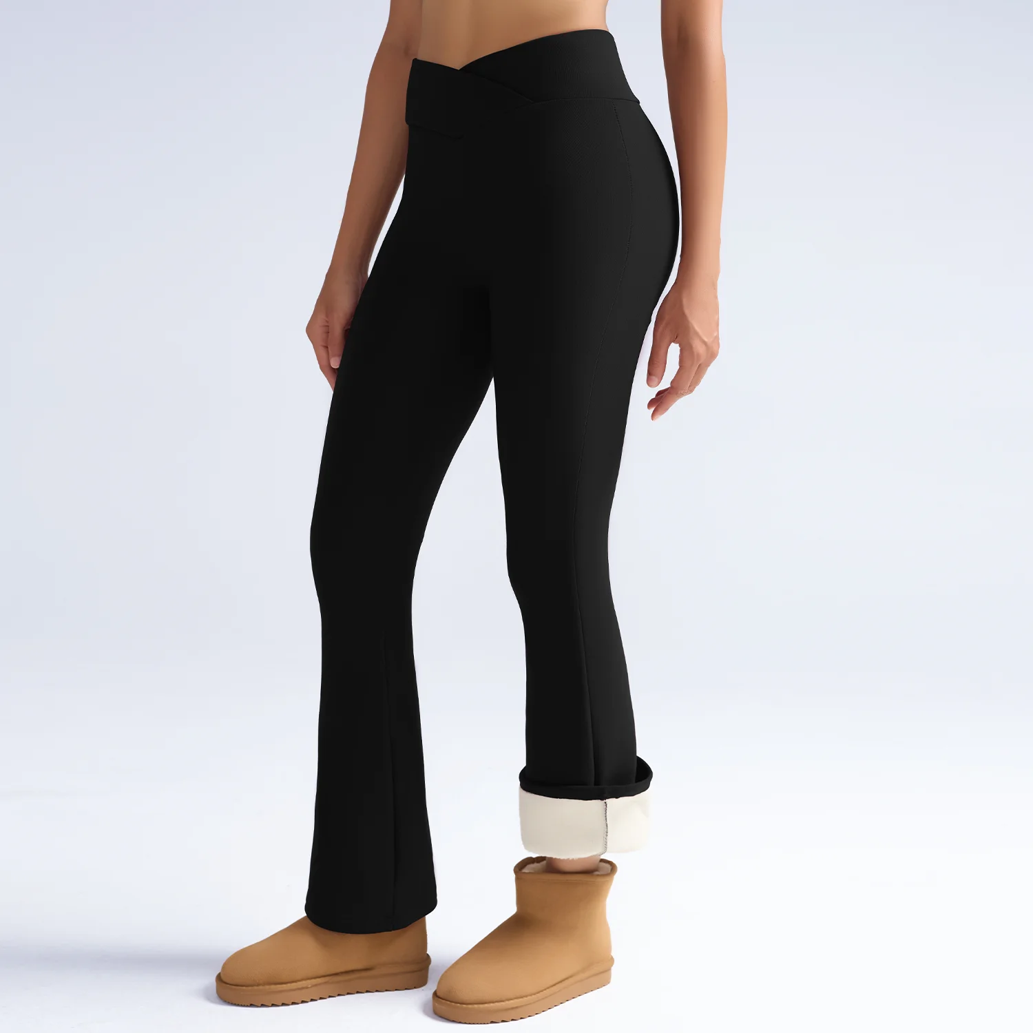 Pantalon évasé moulant en polaire taille V pour femme, garde au chaud, jambes fines, Leggings noirs longs, automne/hiver