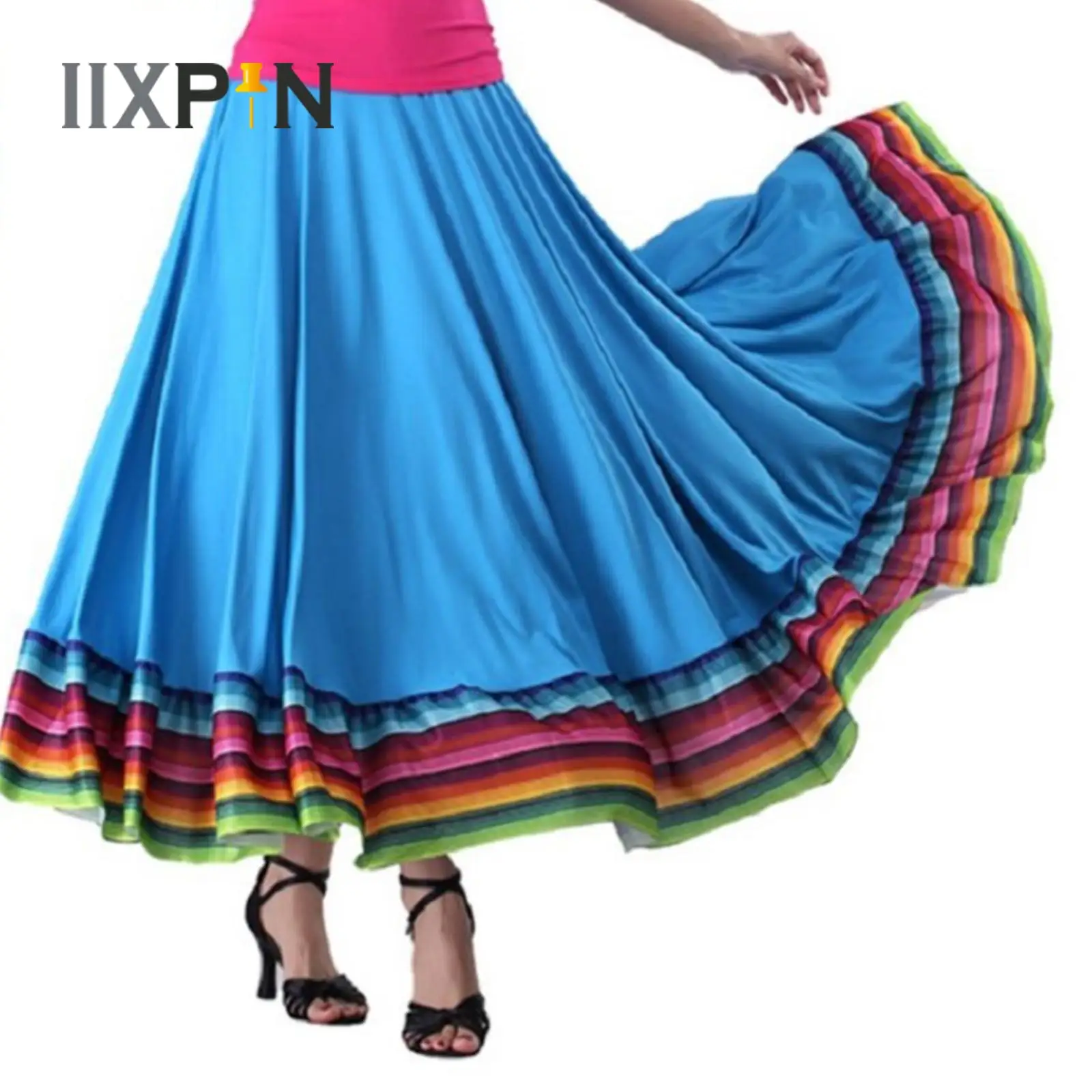 Womens Flamenco Ballroom Dance Skirt Folk Dancing Stage Performance Costume Colorful Stripe Hem Elastic Waistband Skirt 2024 New