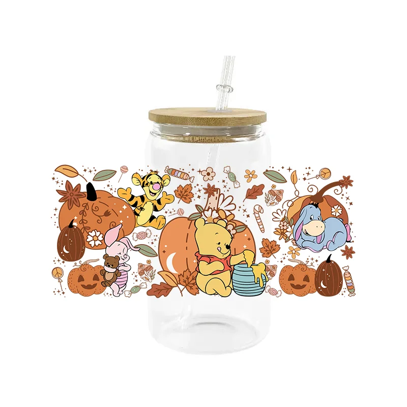 Miniso Pooh Met Vriend Uv Dtf Transfer Sticker Waterdichte Transfers Stickers Voor 16Oz Glazen Beker 3d Cartoon Diy Wrap Stickers