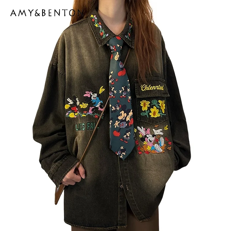 

Japanese Retro Style Childlike Cartoon Embroidered Denim Shirt Women's Spring And Autumn Loose Long-sleeved Top Blouse Chaquetas