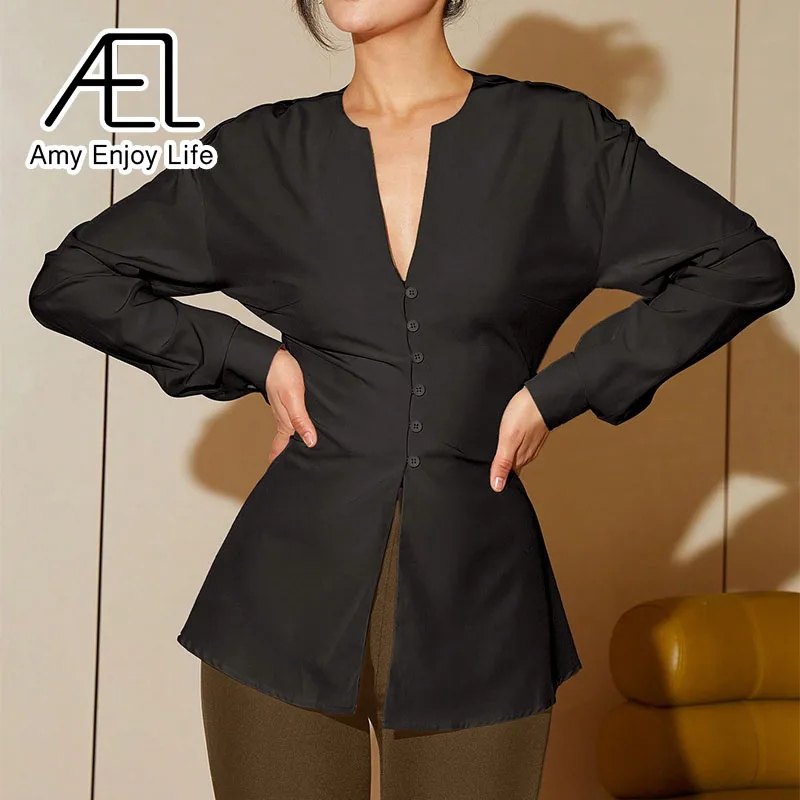 AEL Autumn/Winter Lady Fashion Casual Elegant V Neck Long Sleeve Top Solid Button Front Blouse