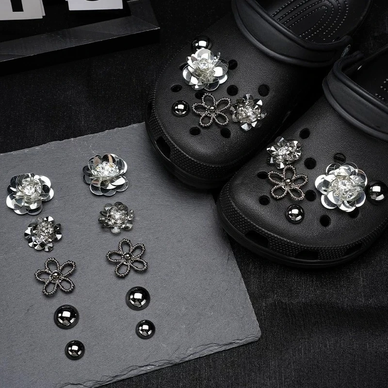 Handmade Sequin Flower Shoe Charms Set Creative DIY Sparkly Glitter Crystal Blossom Detachable Summer Hole Shoe Decorations