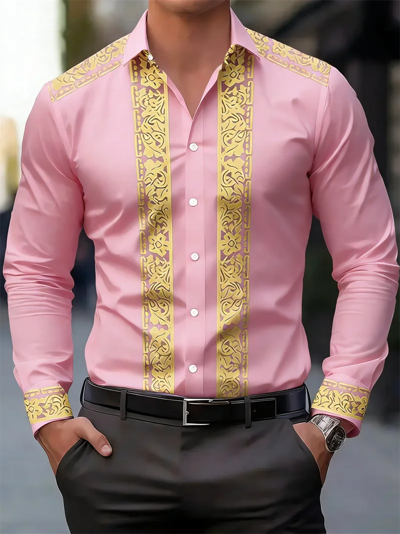 New 11 color powder gold Baroque hot stamping men's long sleeved shirt business collar slim fit shirt