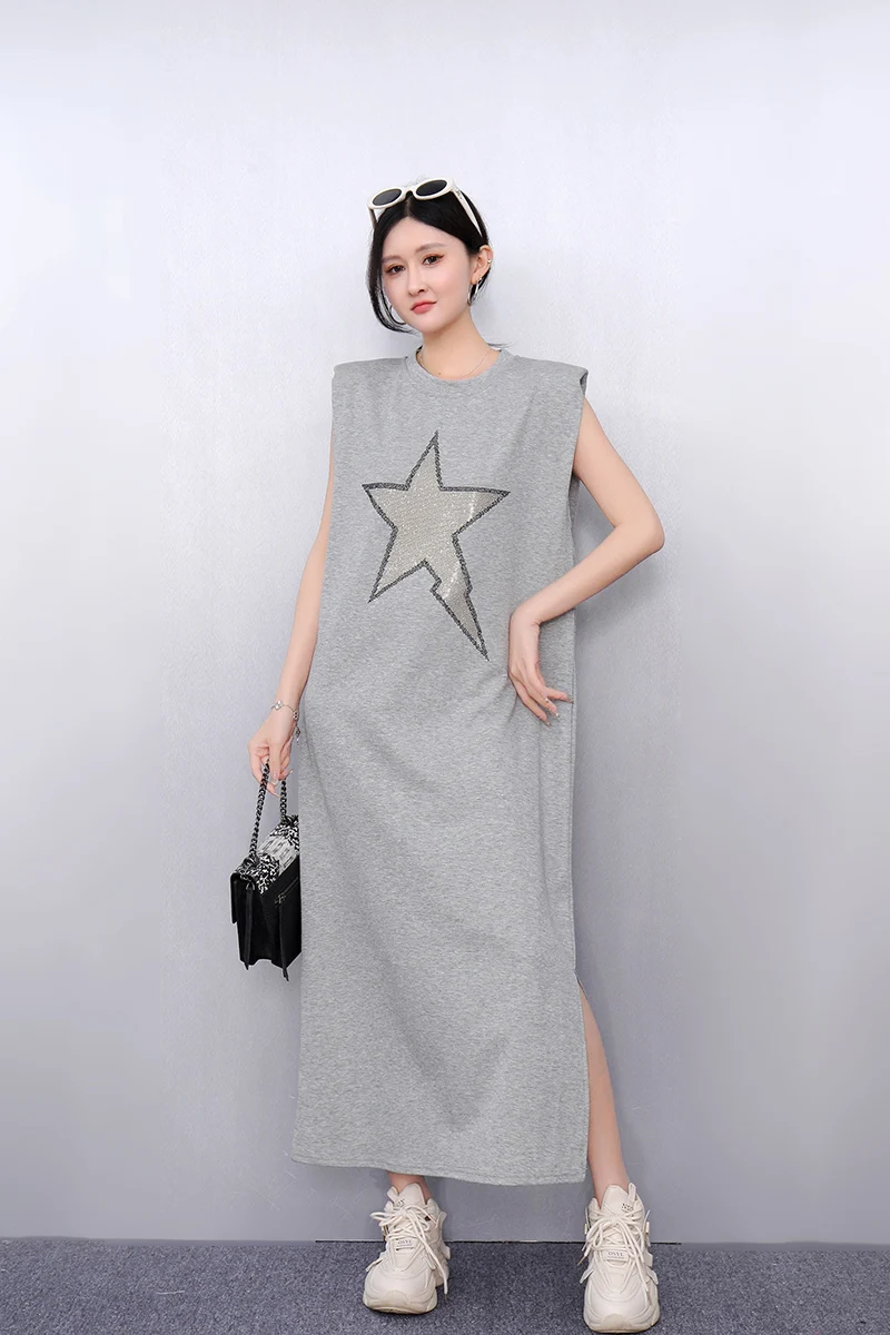 2025 ฤดูใบไม้ผลิฤดูร้อนแฟชั่นElegantพิมพ์หลวมยาวเสื้อยืดผู้หญิงแขนกุดสุภาพสตรีJ1078