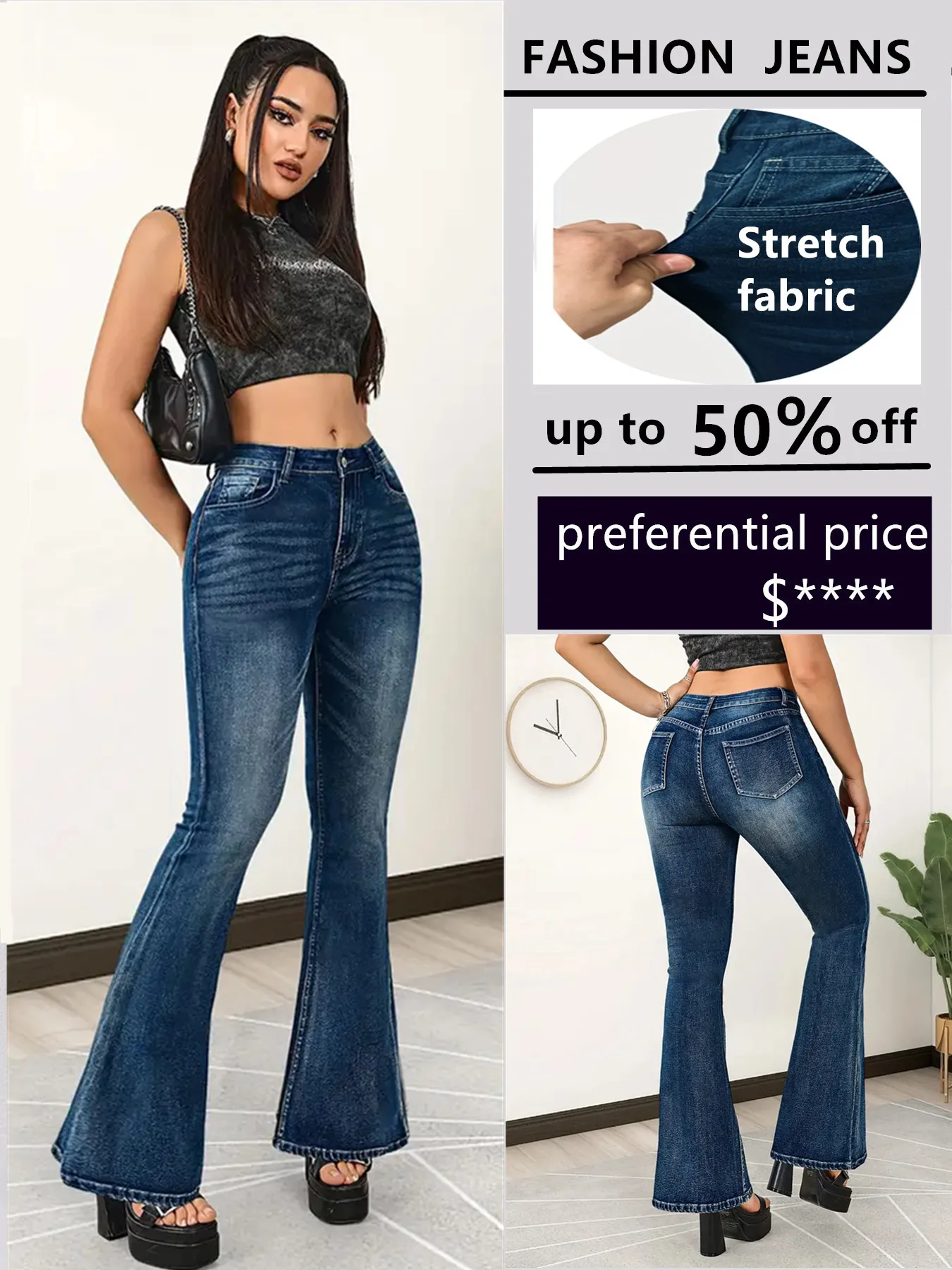 

Womens Jeans Slim Fit Casual Loose Bell Bot Stret Trousers Flare Pants Elastic Waist High Rise Fashion Y2k jeans