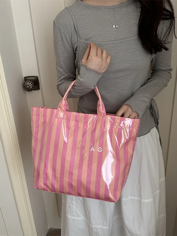 Summer 2026 Women's Tote Bag Striped Color Block Lightweight Handbag Casual Commuter Bag Magnetic Closure Soft Handle