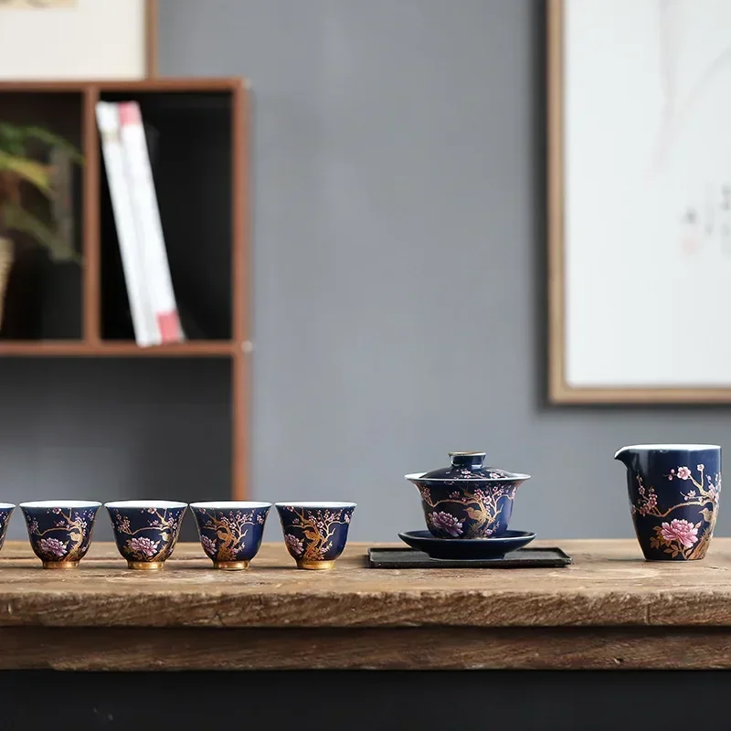 9 Pcs/set Chinese Palace Luxury Ceramic Tea Set Hand-painted Flower and Bird Porcelain Teapot Handmade Gaiwan Household Teaware