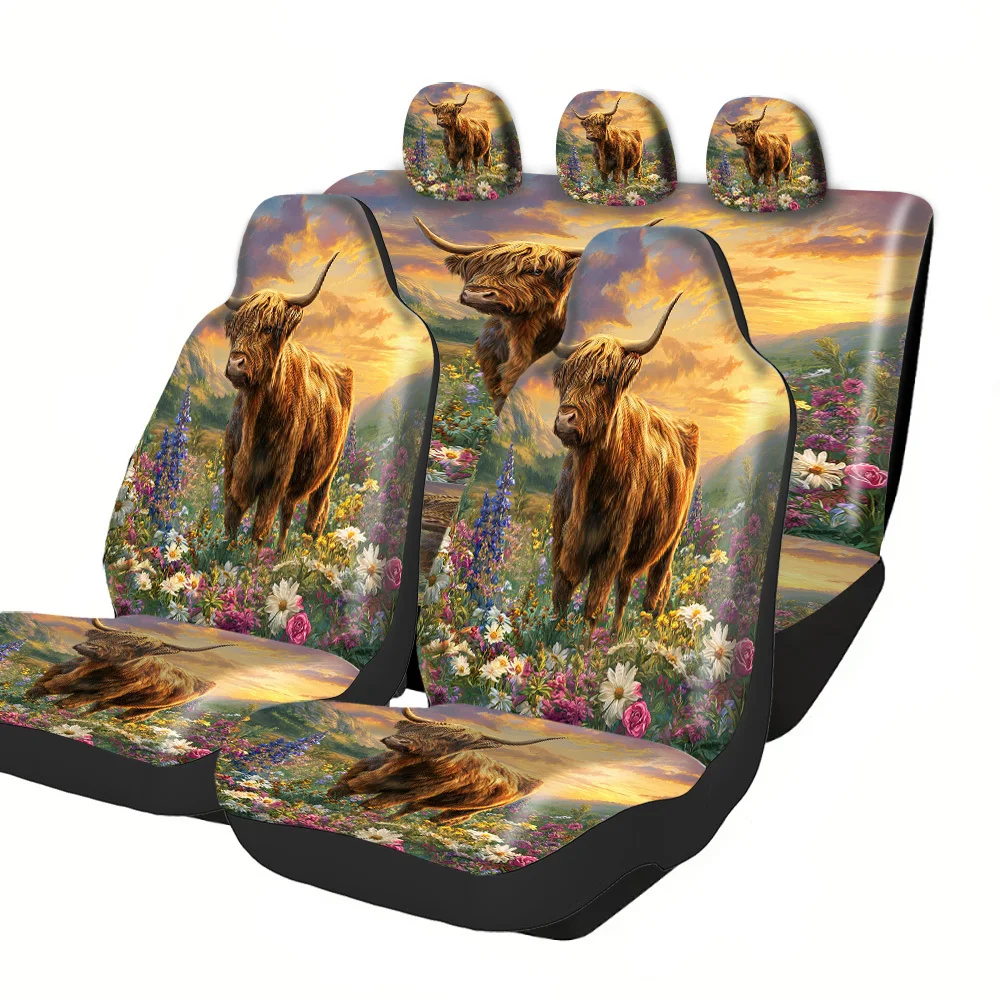 2-5 Set Car Covers, Beautiful Highland Cow Flower Field Print, Heavy Duty Polyester, Universal Fit For Truck SUV Off-Road Car, P