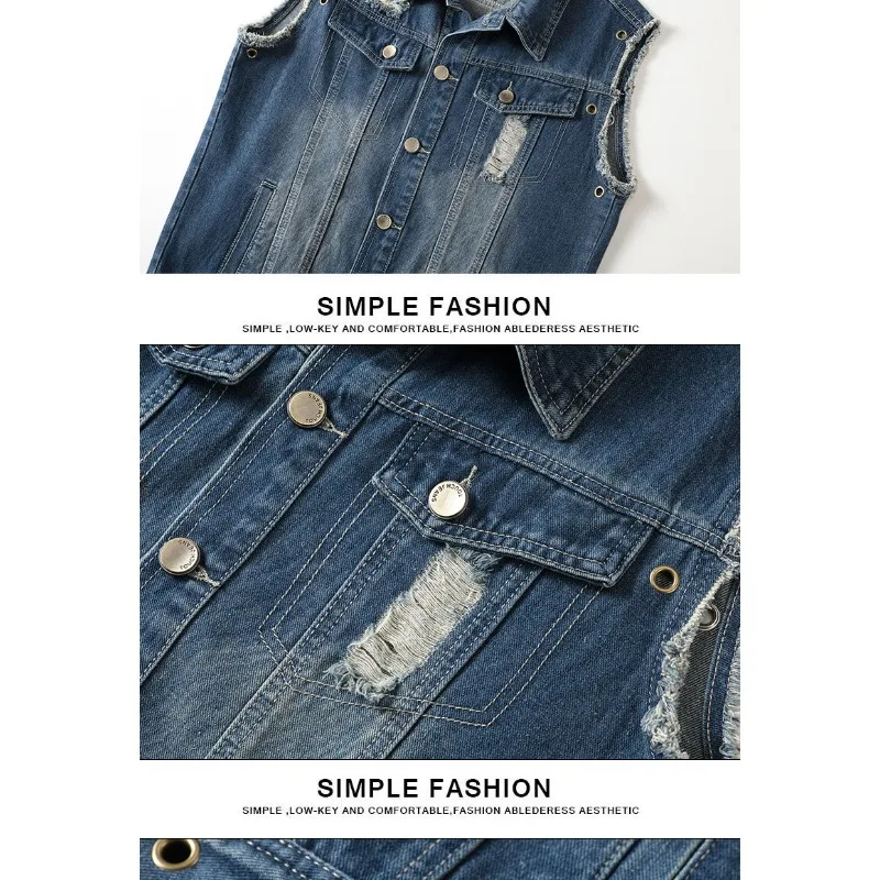2025 New Men's Denim Vest Y2K Retro Fashion Trend Ripped Motorcycle Jacket Casual All-match Hip-hop Streetwear Men's Clothing