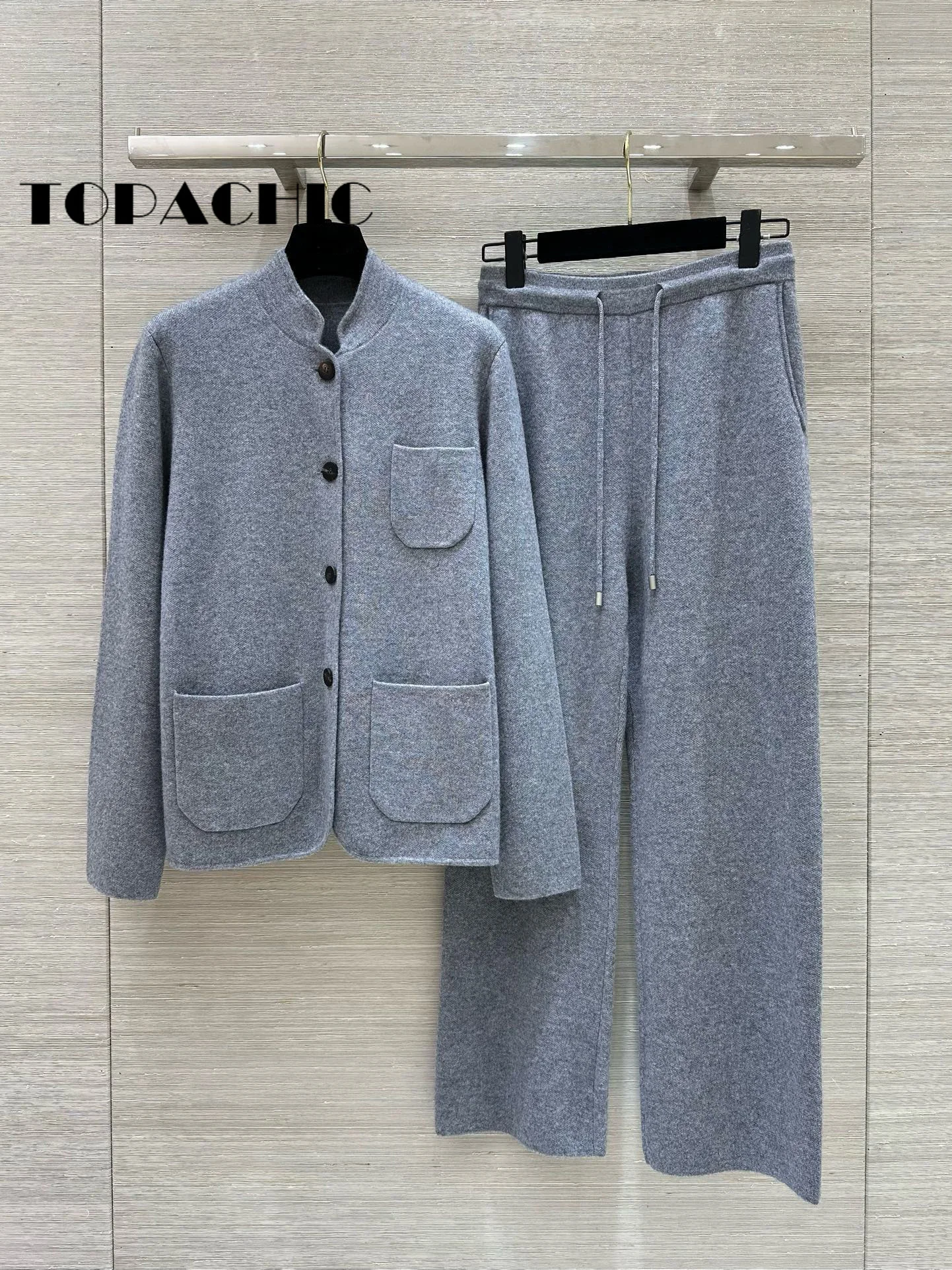 8.22 TOPACHIC Women Cashmere Knit 2 Piece Set Stand Collar Three Pocket Single Breasted Cardigan Or High Waist Straight Pants