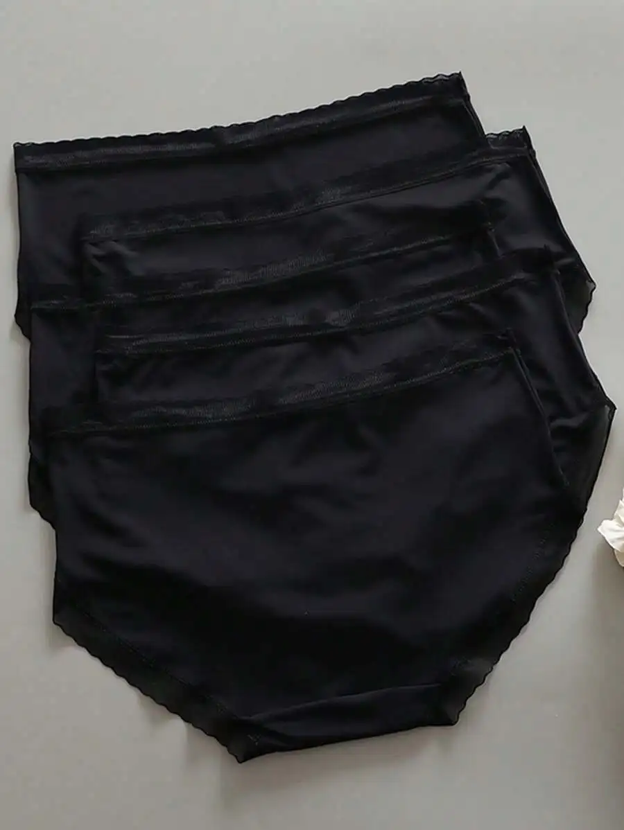 

5 Pack Women Mid Waist Ultra Thin Ice Silk Panties With Lace Trim