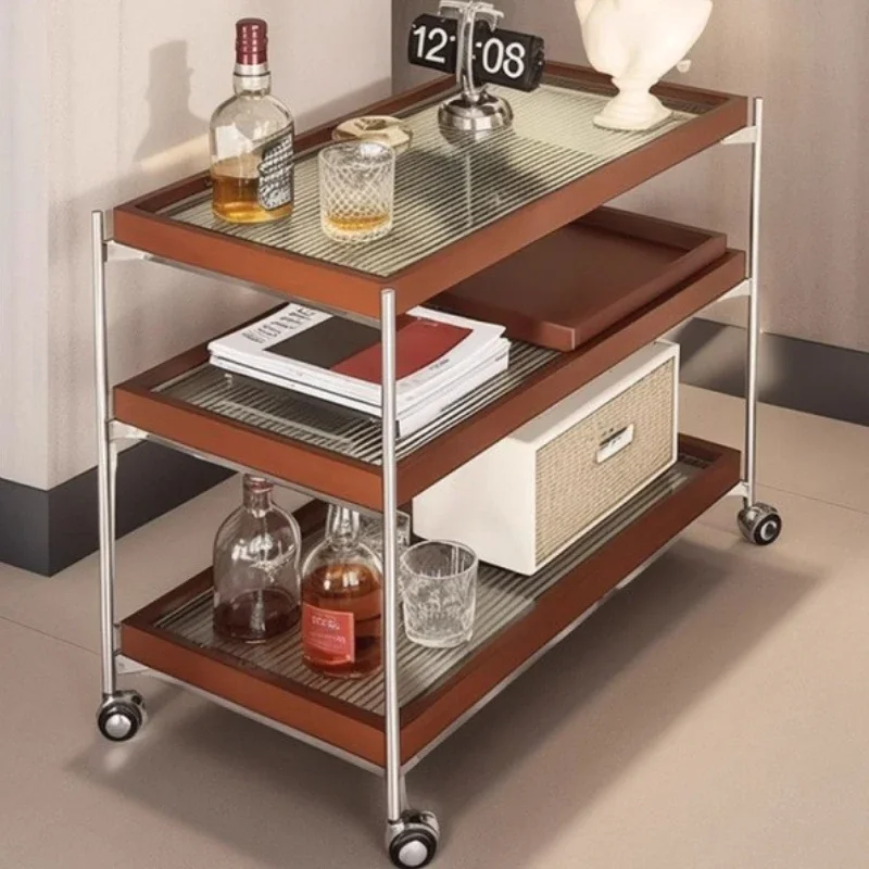 Scandinavian Minimalist Bedside Corner Table Retro Rolling Cart Mobile Coffee Table with Wheels for Bedroom Living Room