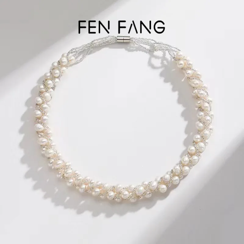 Freshwater Pearl Short Necklace Fashionable Braided Magnetic Clasp Clavicle Chain