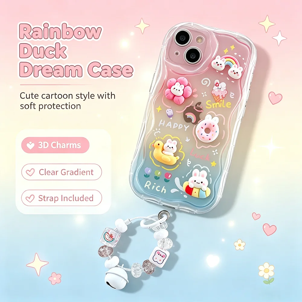 Coque de téléphone 3D à bords ondulés, adaptée à tous les modèles d'iPhone 11-17, avec un bracelet canard rouge coloré, ambiance printanière et estivale.