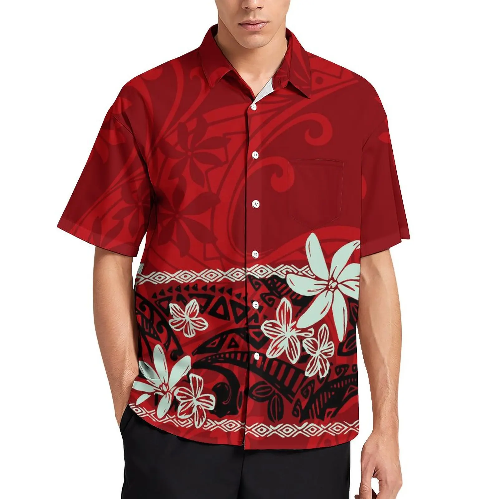 Polynesia Men's Turn-Down Collar Shirt With Pocket Samoan Tribal Ethnic Men's Tops Shirt Hawaiian Casual Shirt