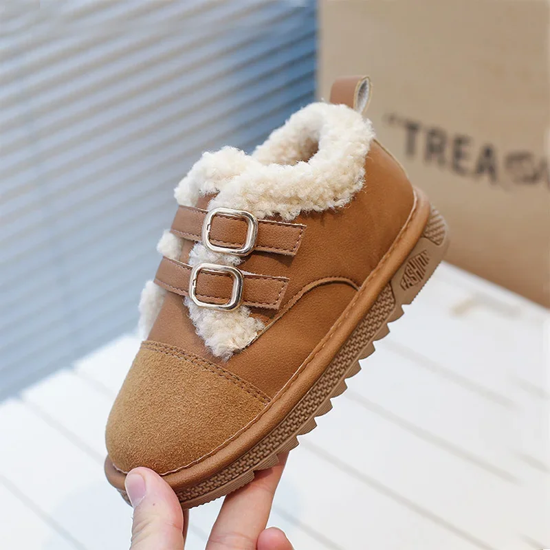 

Kids Baby Winter Shoes Boy Girls Hook Loop Fur Boots Ankle 2023 Children Warm Non-slip Casual Shoe Metal Buckle 23-36