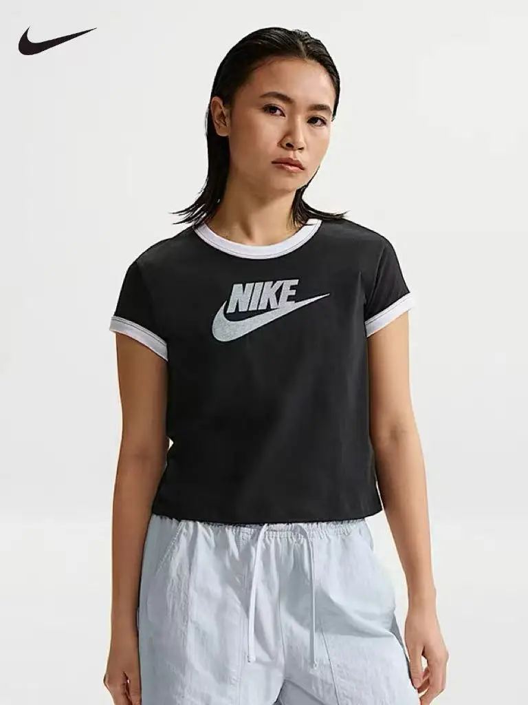 Camiseta Corta de Algodón con Cuello Redondo para Mujer Nike, Camiseta Deportiva de Manga Corta, Corte Ajustado, Informal para Uso Diario IF4073-010