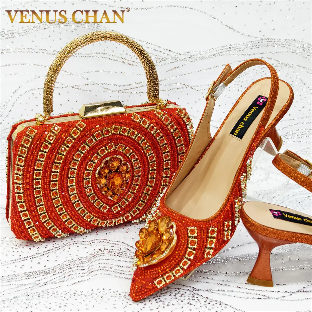 Venus Chan Wome High Heel for Lady 2025 Luxury Designer Orange Color Full Diamond Pointed Toe Wedding Shoe and Bag Set for Party