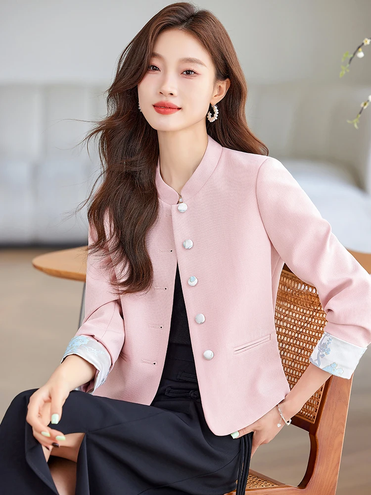 

Pink Short Quilted Jacket Women's Spring Autumn Casual Style Button Pocket Design Polyester Blend Comfortable Fit round Neck