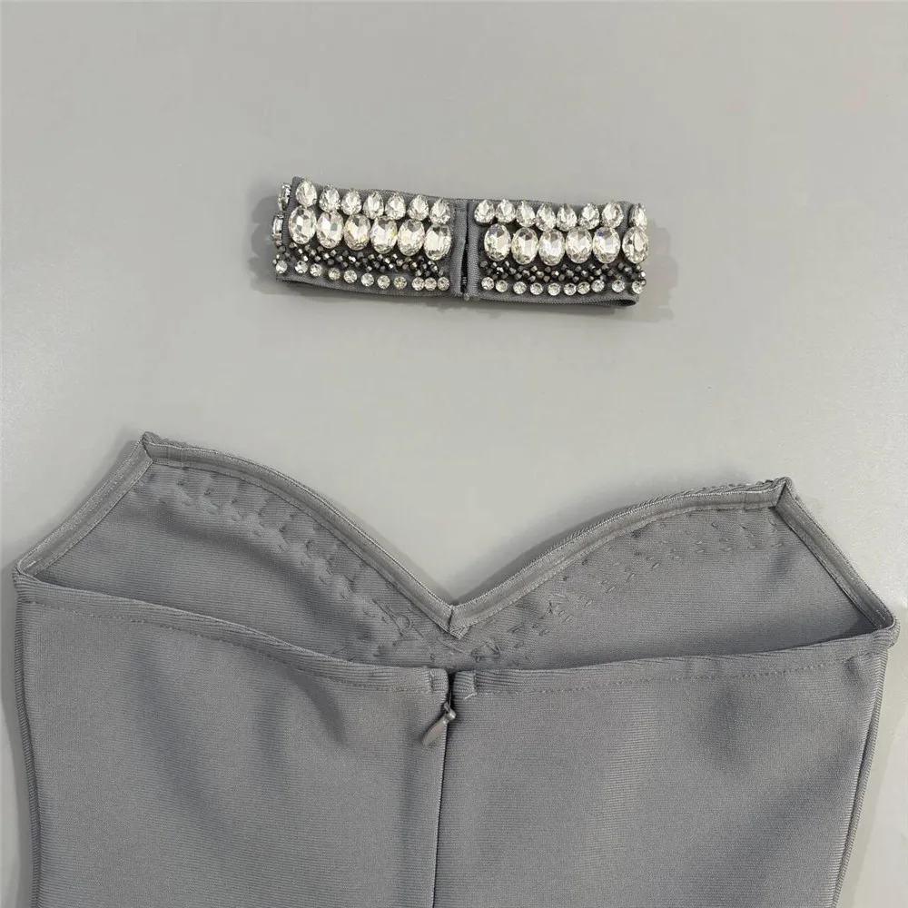 Sexy strapless diamanten grijze bandage lange jurk dames mouwloze bodycon glitter verjaardag festival jurken avondjurken