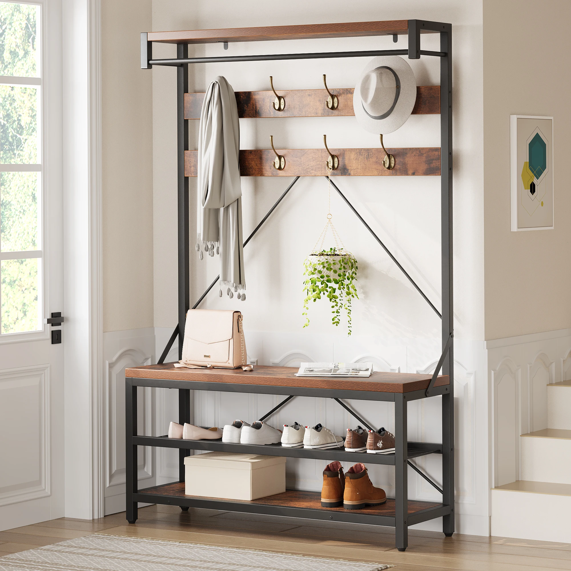 HAUSPROFI Garderobenrek met schoenenbank, 8 haken & opbergplanken, houtlook entree-organizer, stevig metalen frame, industrieel