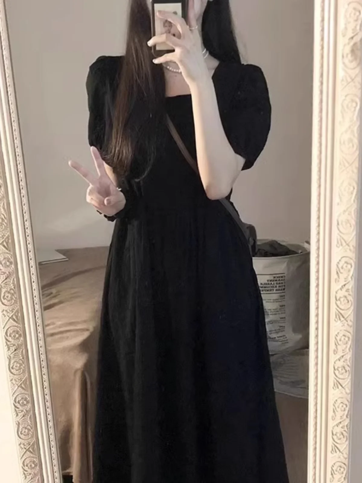 

Платье Hebe Sle с квадратным вырезом, черное, с завышенной талией, миди, повседневное, элегантное, для женщин, летнее, для работы, из смесового хлопка