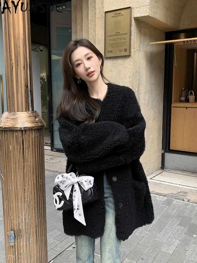 AYUNSUE 2025 New Shearling Jacket Woman Natural Wool Luxury Jackets for Women Clothes Mid Length Fur Jacket Fashion Abrigo Mujer