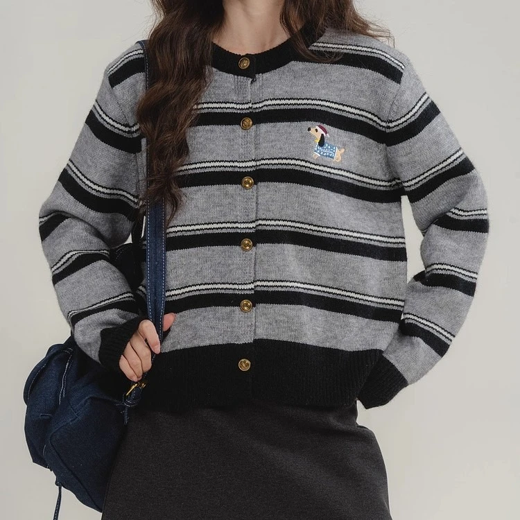 

Осенне-зимний свитер контрастных цветов, женский винтажный повседневный свободный полосатый вязаный кардиган с круглым вырезом, женское ленивое пальто с вышивкой