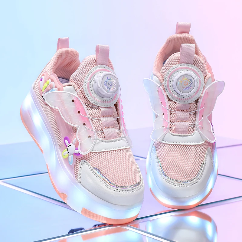 

New 2025 Girls' Spring & Autumn Wheel Shoes: Rotating Buckle Light-Up Sneakers, Older Kids' Roller Skates